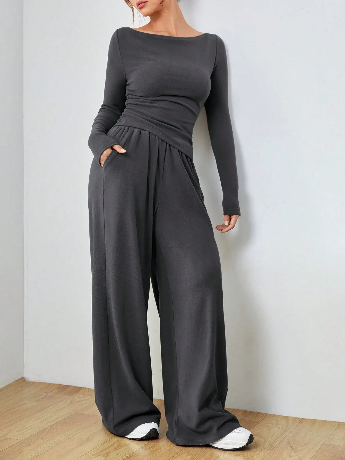 EZwear Knitted Women's Slim Fit Boat Neck Long Sleeve Top And Wide Leg Pants Set shein
