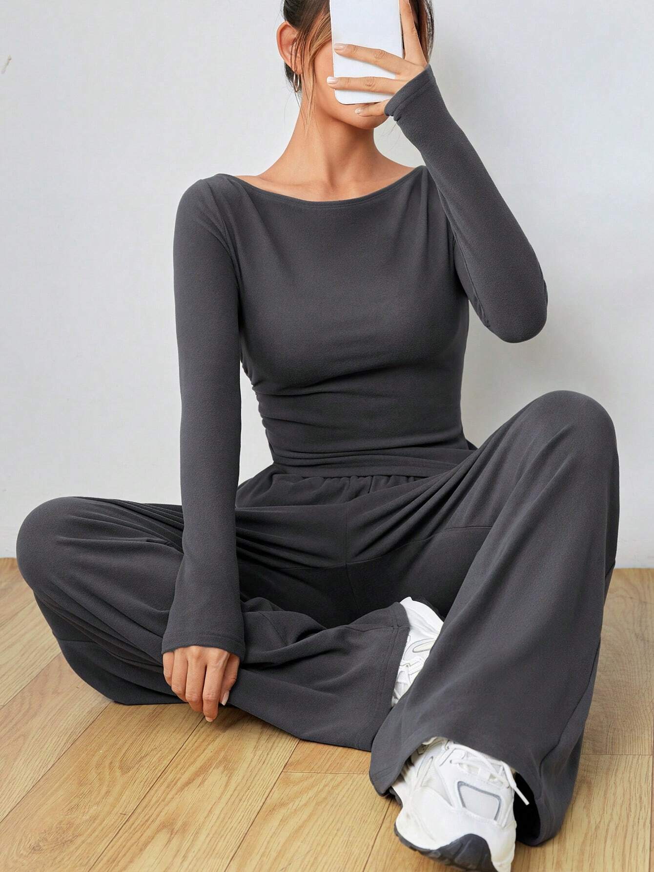 EZwear Knitted Women's Slim Fit Boat Neck Long Sleeve Top And Wide Leg Pants Set shein