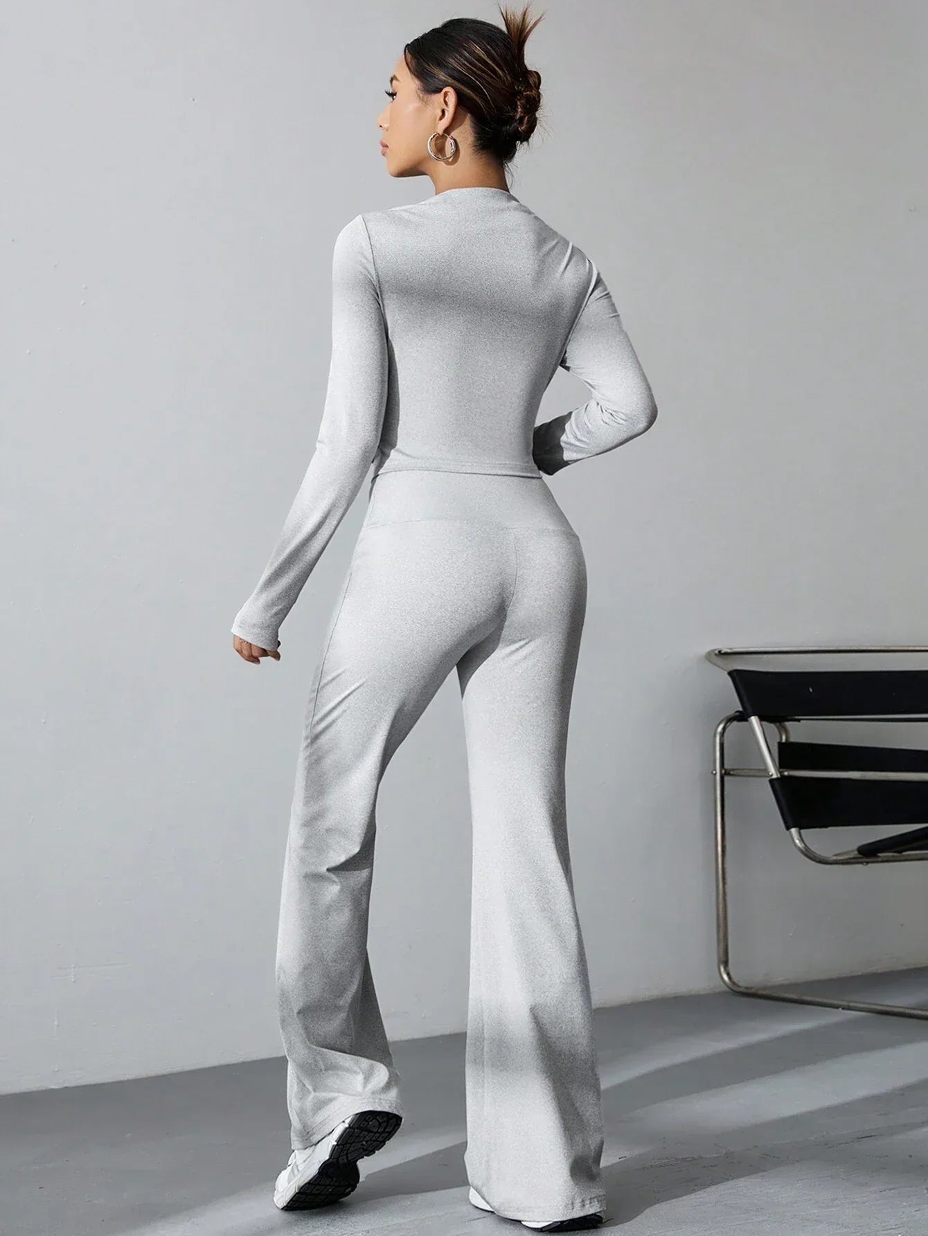 EZwear Women's Pleated Slim Fit Top And Flared Pants Two Piece Set shein