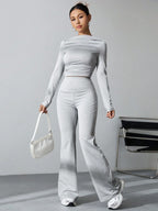 EZwear Women's Pleated Slim Fit Top And Flared Pants Two Piece Set shein