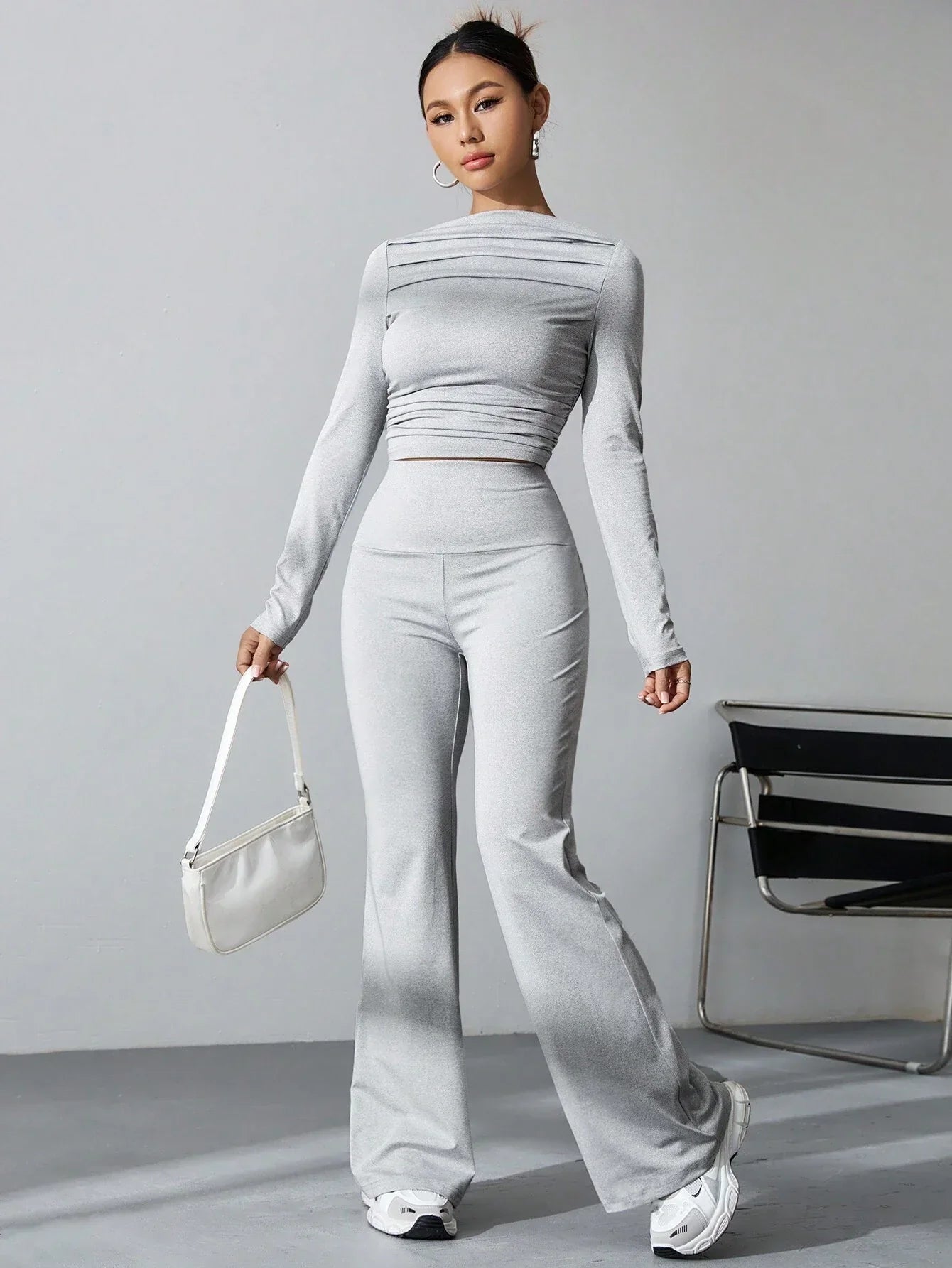EZwear Women's Pleated Slim Fit Top And Flared Pants Two Piece Set shein