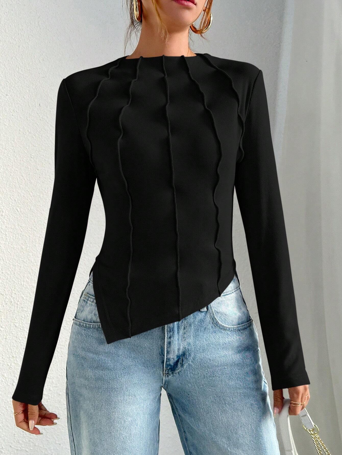 Essnce Ladies' Plain V-neck Slit Sleeve T-shirt shein