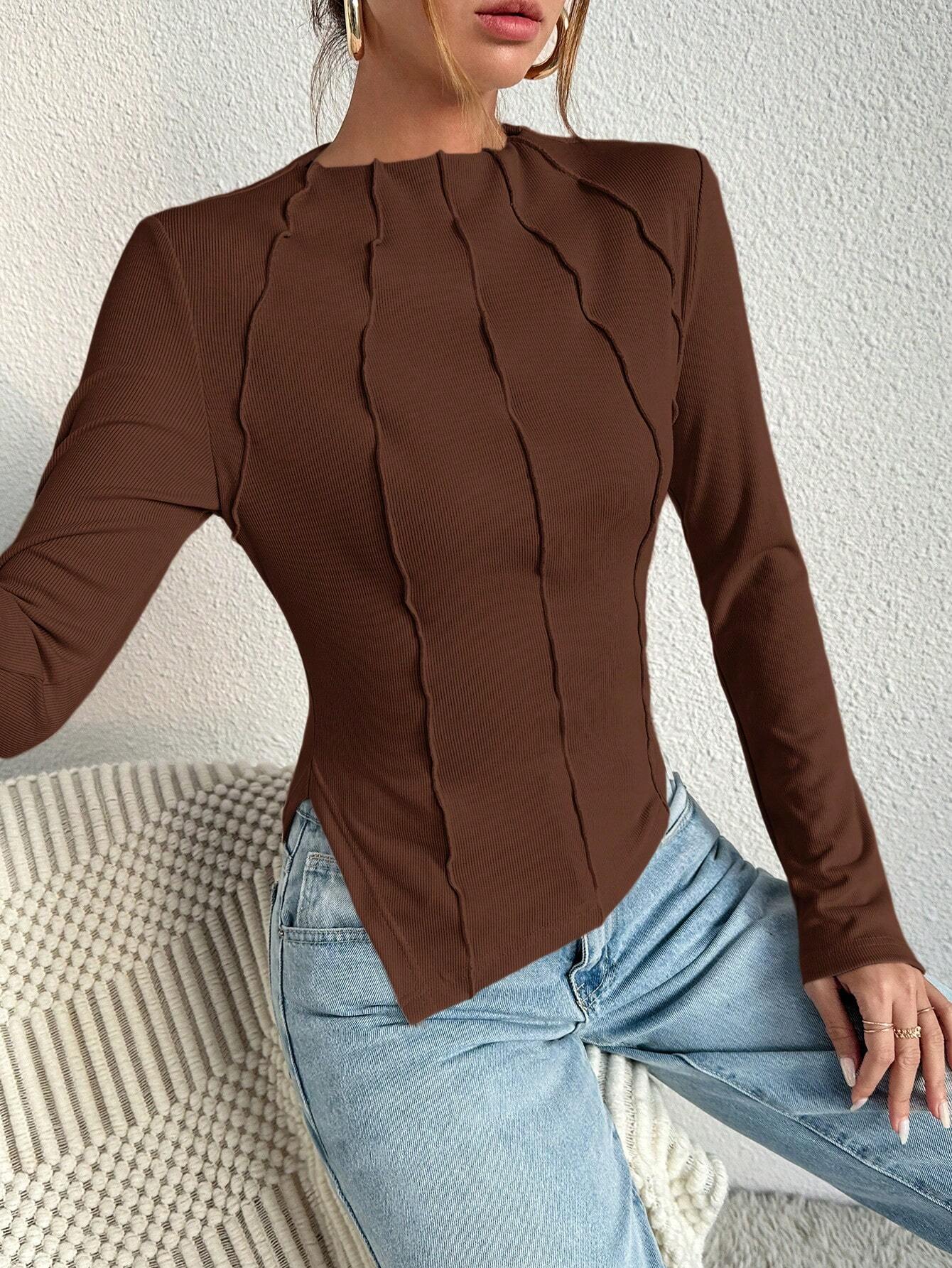 Essnce Ladies' Plain V-neck Slit Sleeve T-shirt shein