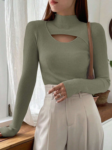 DAZY Solid Color Hollow Out Half Turtle Neck Sweater shein