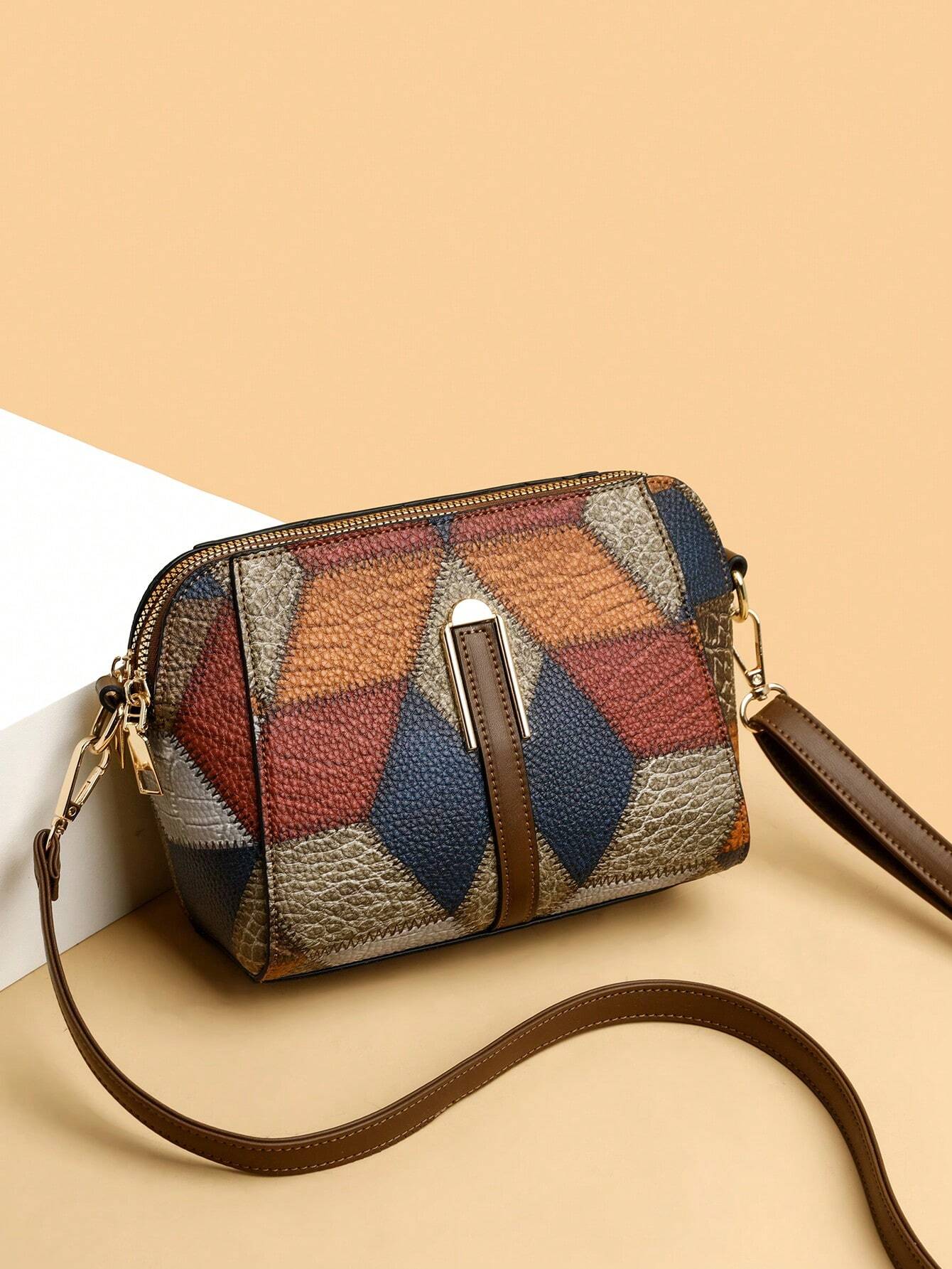 1pc Multicolor Pu Decorated, Simple & Vintage Style Multi-layer Crossbody Bag shein