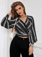 Privé Women's Striped Print Raglan Sleeve Crop Tie Front Shirt shein