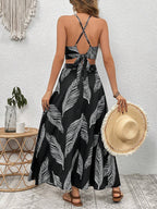 VCAY Summer Beach Tropical Print Tie Backless Cami Top & Split Thigh Skirt Two Piece Set Shein