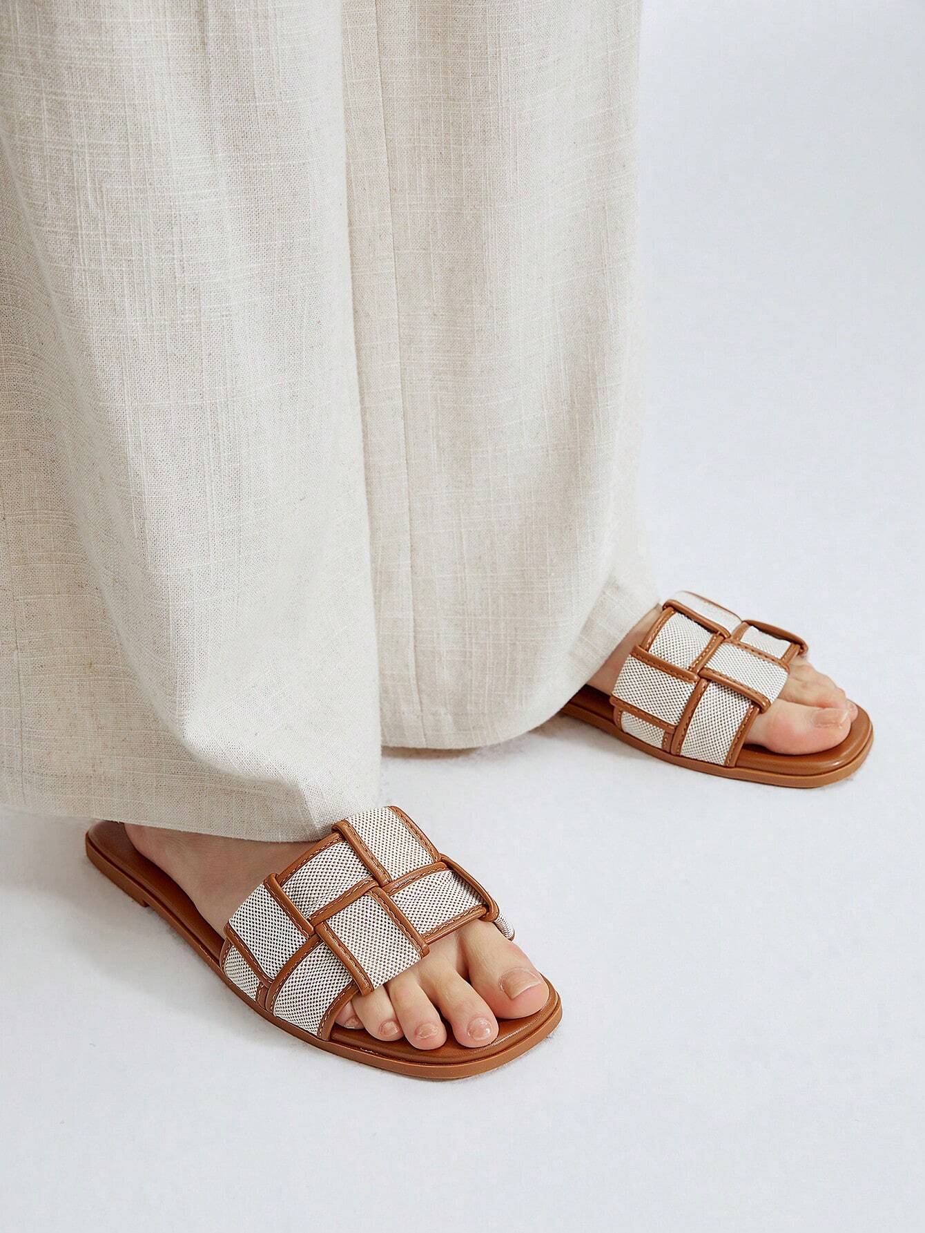 MOTF PREMIUM WOVEN DESIGN SQUARE TOE FLAT SANDALS shein