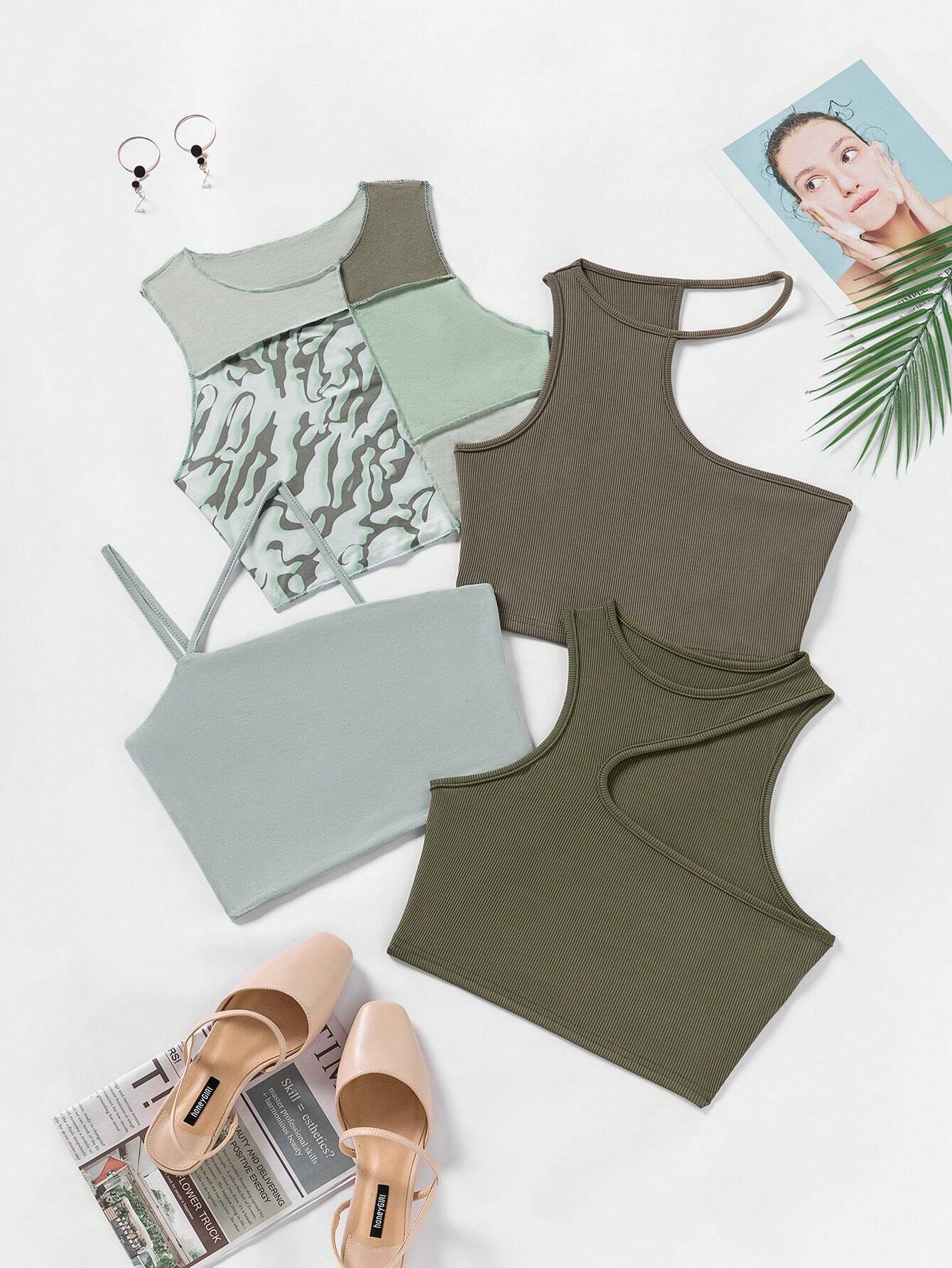 EZwear 3pcs Ribbed Knit Tank Top & 1pc Cami Top shein