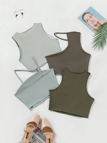 EZwear 3pcs Ribbed Knit Tank Top & 1pc Cami Top shein