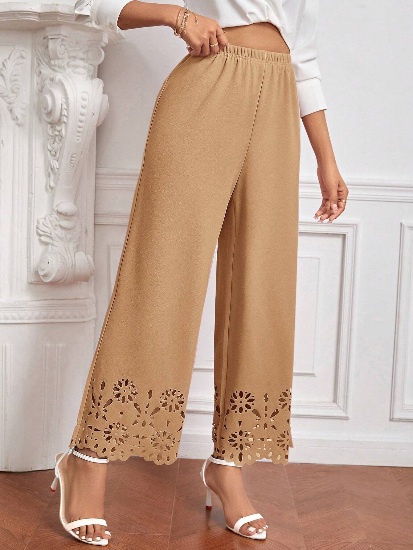 Priv� Laser Cut Out Wide Leg Pants shein