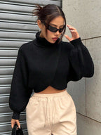 MOOSTA Turtleneck Asymmetrical Hem Short Casual Sweater shein