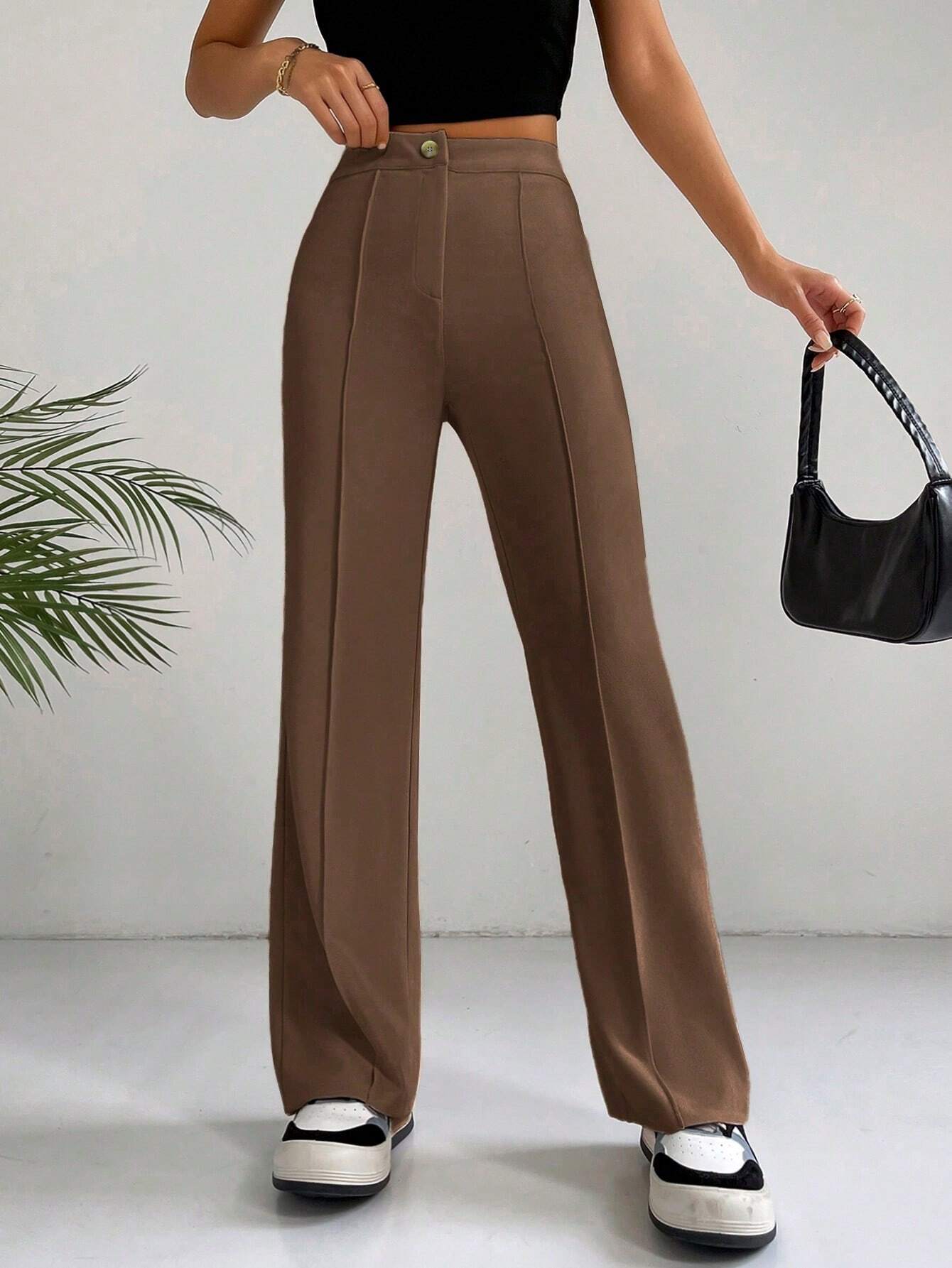 EZwear Y2k Solid Zipper Fly Seam Detail Pants Flare Leggings shein