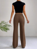 EZwear Y2k Solid Zipper Fly Seam Detail Pants Flare Leggings shein