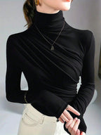 Women's Half Turtleneck Long Sleeve Pleated T-shirt shein