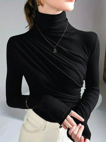 Women's Half Turtleneck Long Sleeve Pleated T-shirt