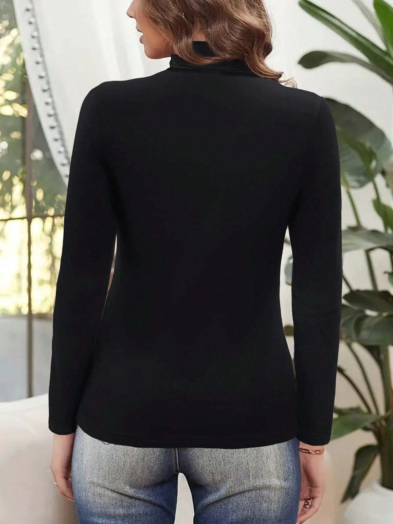 Women's Half Turtleneck Long Sleeve Pleated T-shirt shein