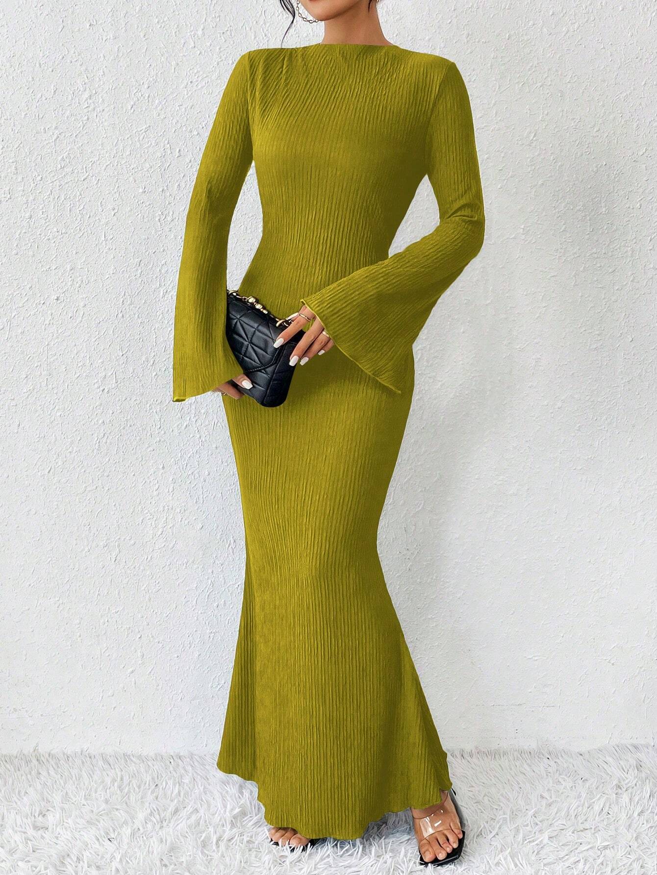 Rafferiza Solid Color Long Bell Sleeve Women's Dress shein