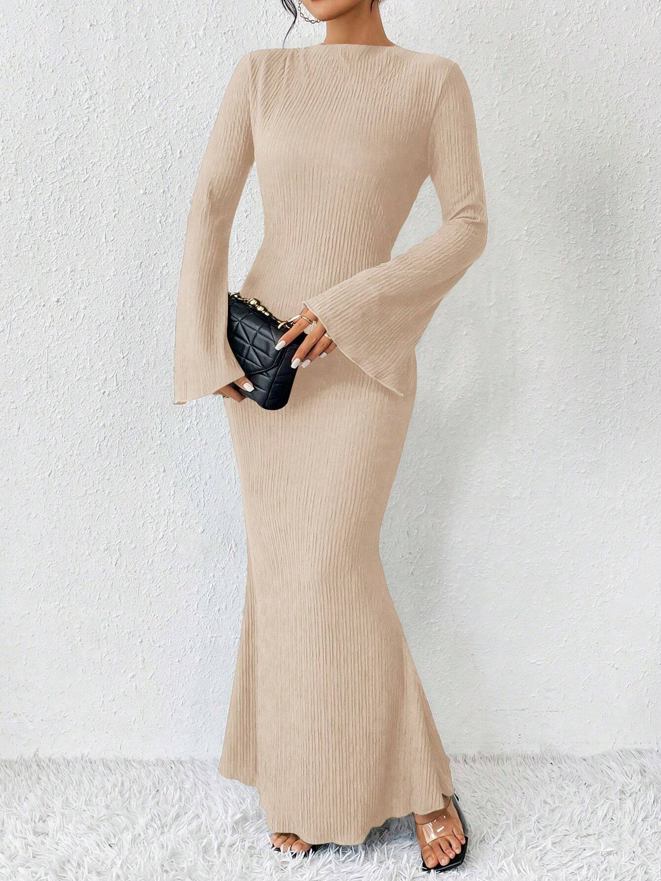 Rafferiza Solid Color Long Bell Sleeve Women's Dress shein