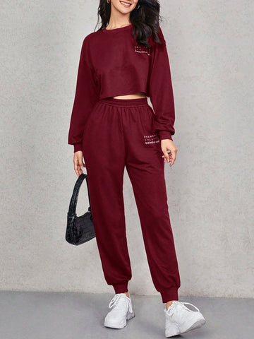 EZwear Letter Graphic Drop Shoulder Pullover & Sweatpants Set