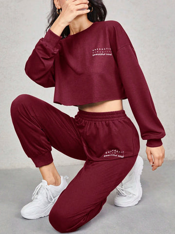 EZwear Letter Graphic Drop Shoulder Pullover & Sweatpants Set