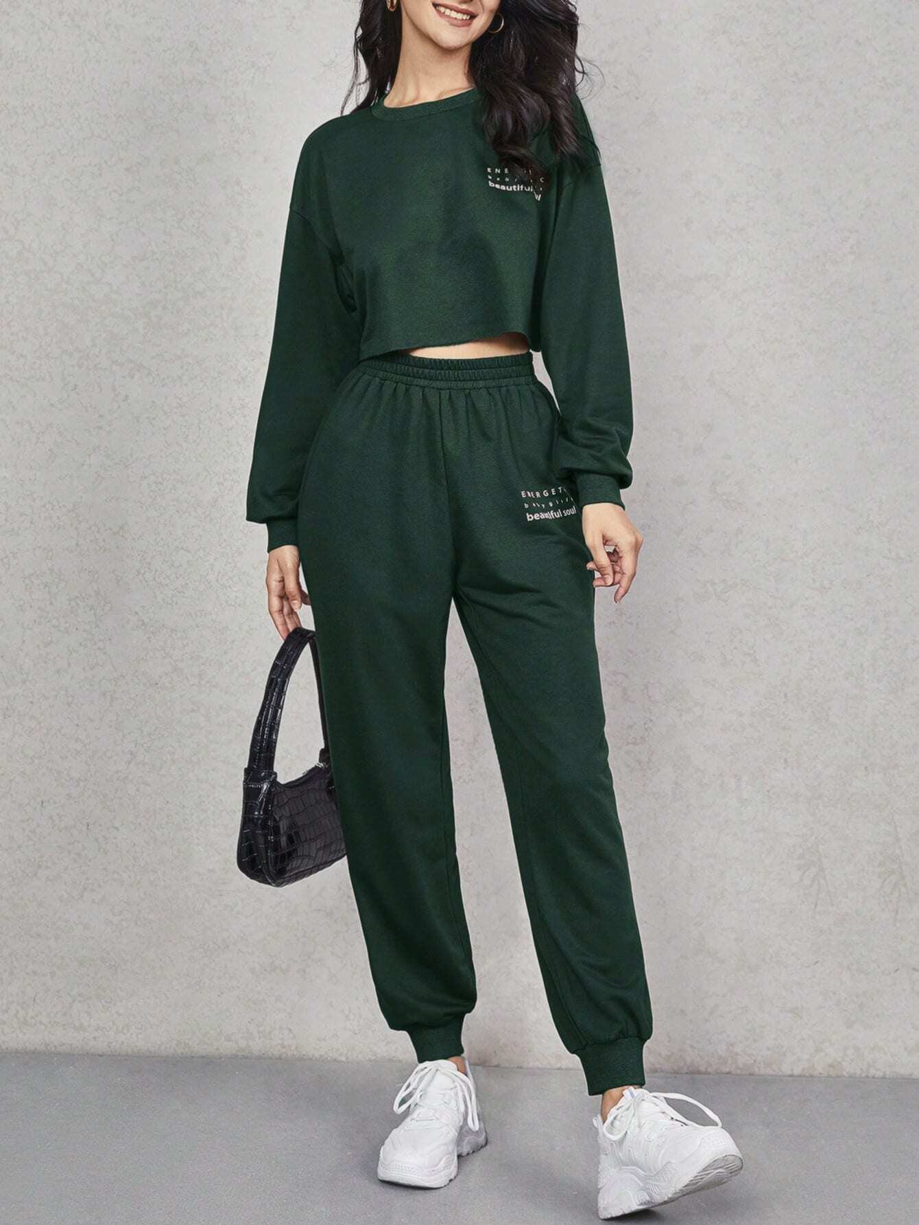 EZwear Letter Graphic Drop Shoulder Pullover & Sweatpants Set shein