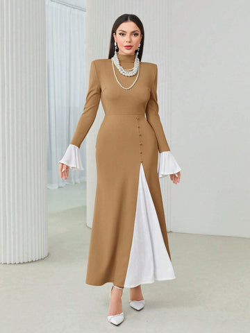 Modely Colorblock Mock Neck Flare Sleeve Dress shein