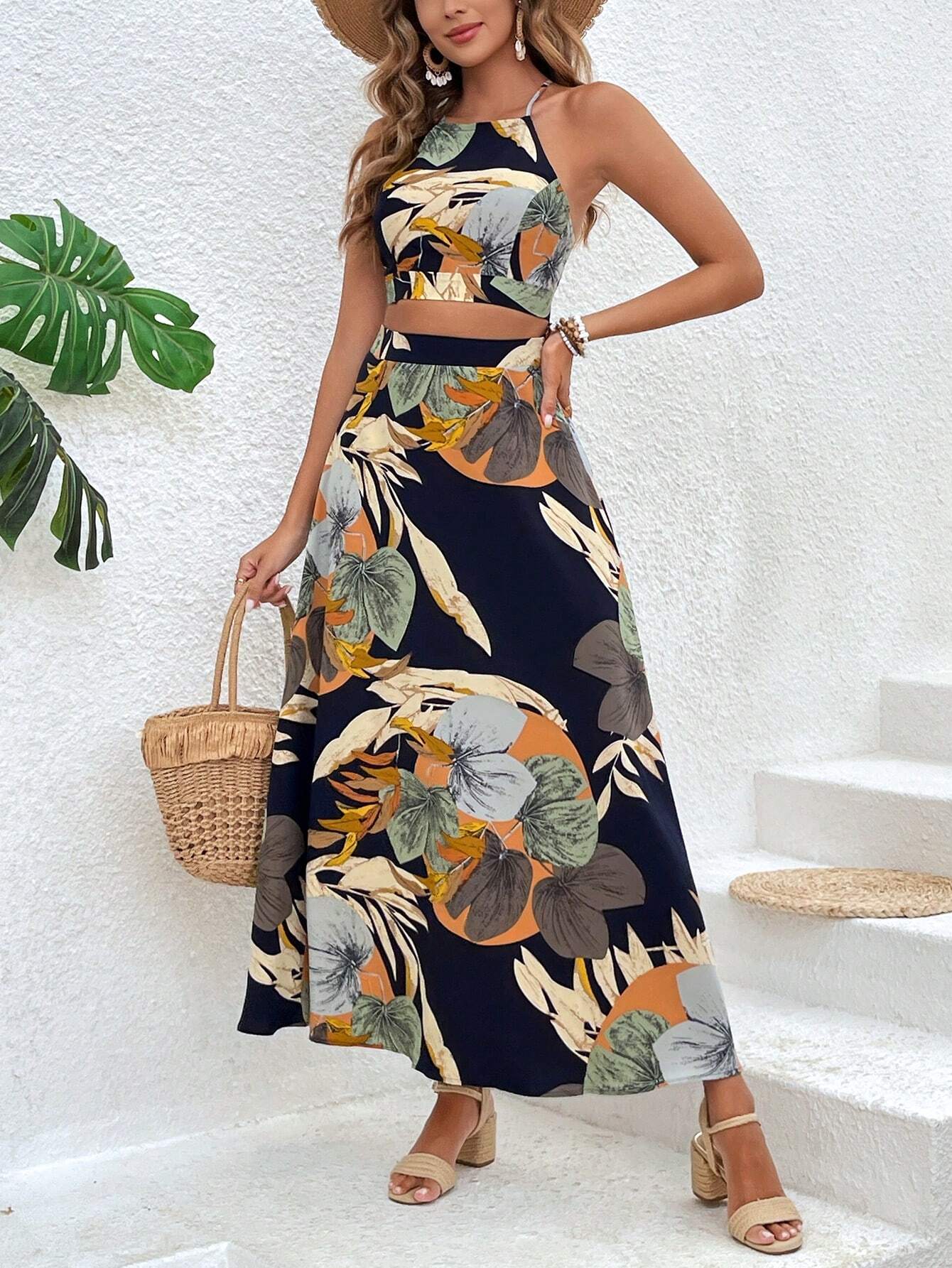 VCAY Summer Beach Tropical Print Tie Backless Cami Top & Split Thigh Skirt Two Piece Set Shein