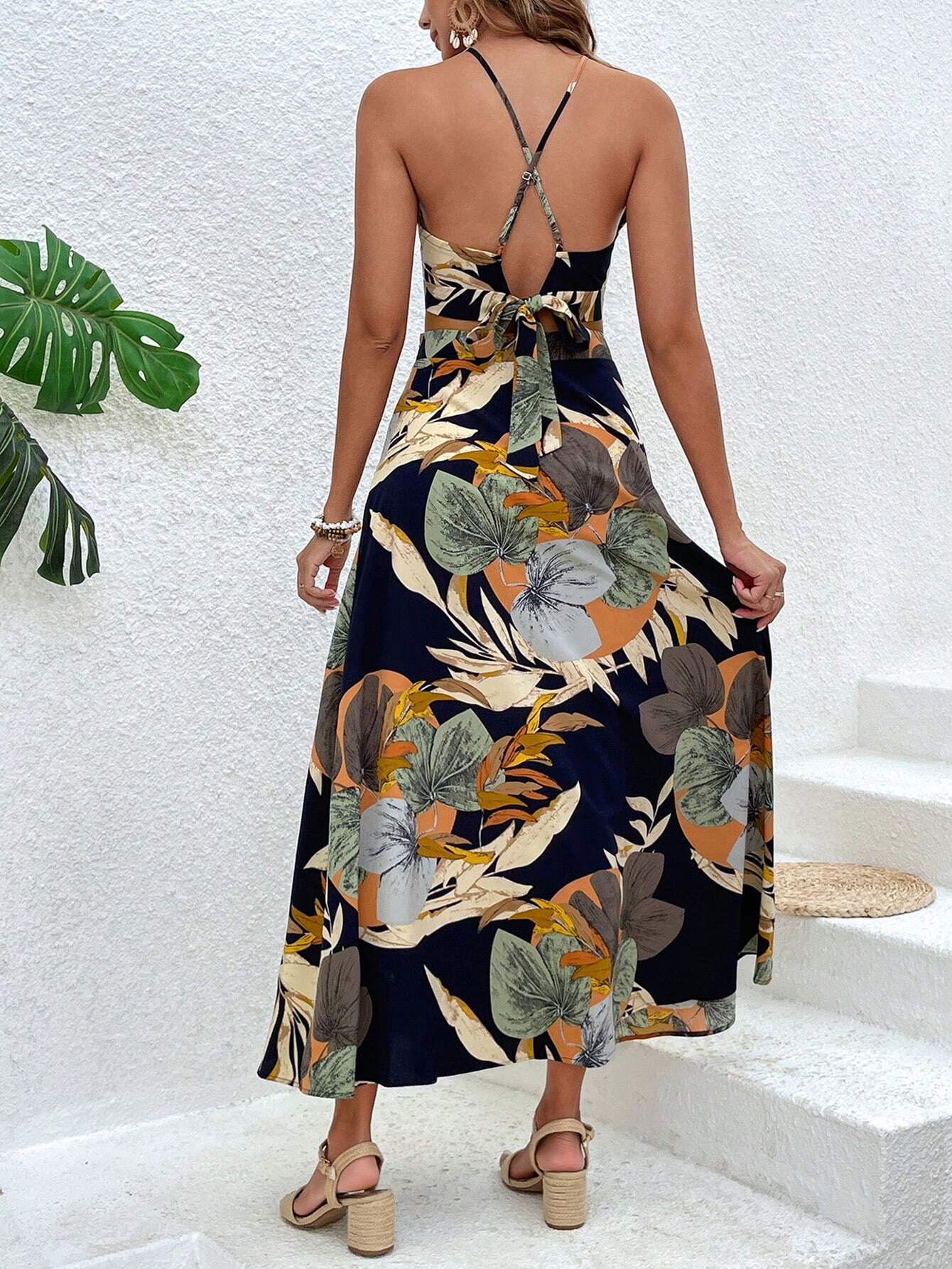 VCAY Summer Beach Tropical Print Tie Backless Cami Top & Split Thigh Skirt Two Piece Set