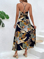 VCAY Summer Beach Tropical Print Tie Backless Cami Top & Split Thigh Skirt Two Piece Set Shein