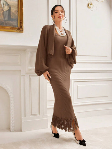 Modely Lantern Sleeve Cardigan And Vest Sweater Dress Set