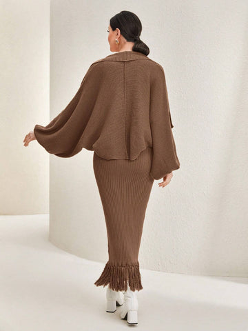 Modely Lantern Sleeve Cardigan And Vest Sweater Dress Set