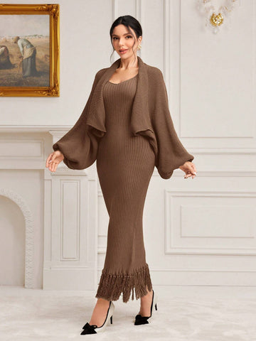 Modely Lantern Sleeve Cardigan And Vest Sweater Dress Set