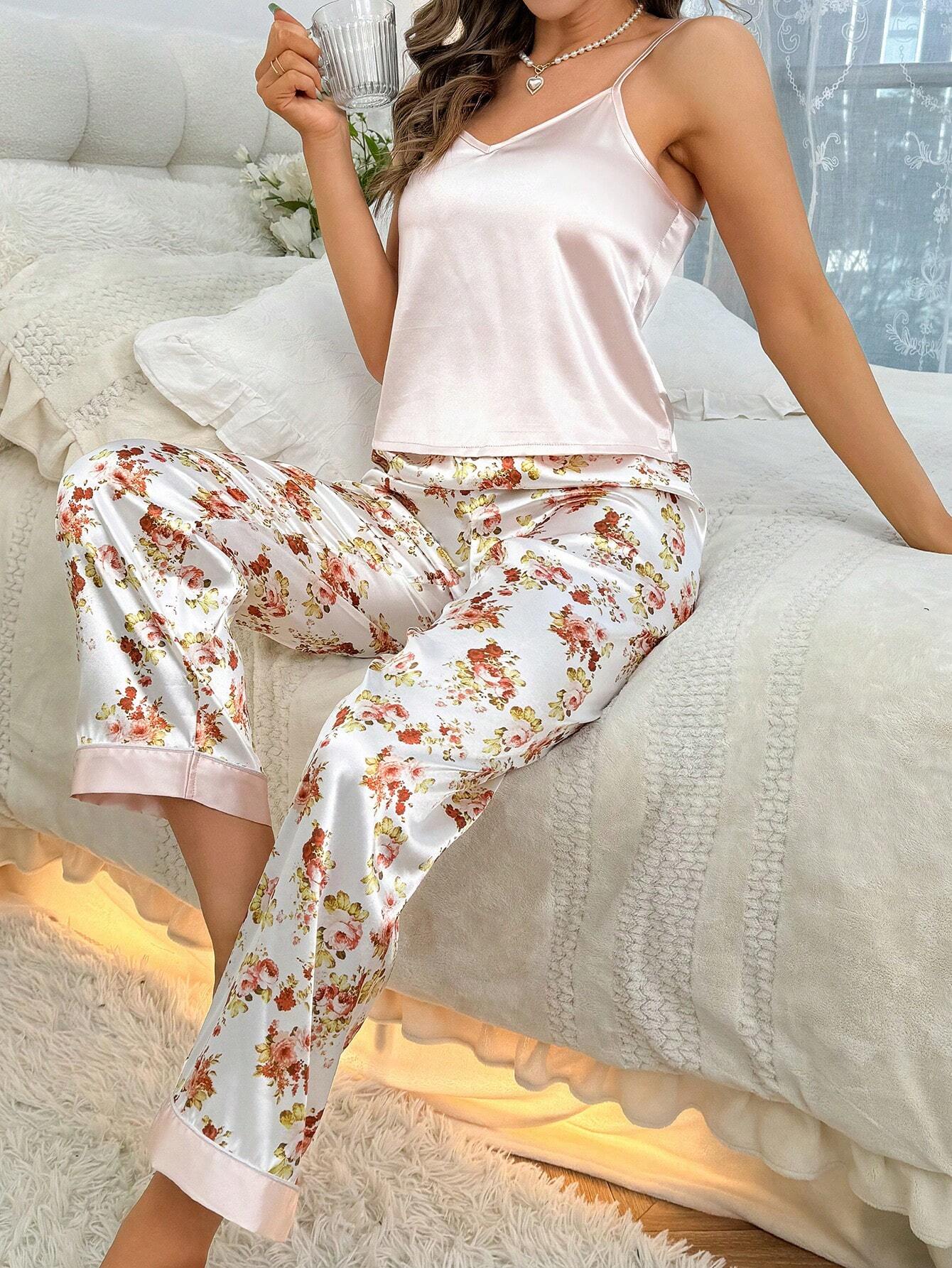 Floral Print Satin Cami Top & Pants PJ Set shein