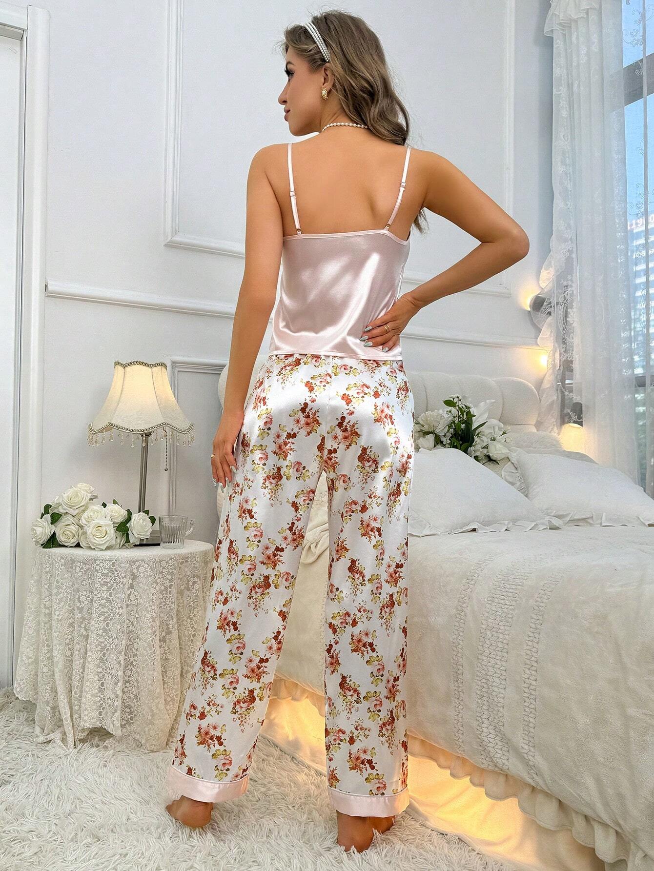 Floral Print Satin Cami Top & Pants PJ Set shein