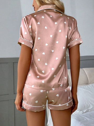 Imitation Silk Printed Peach Heart Short Sleeve Shorts Pajama Set shein