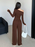 DAZY Women's Irregular Shoulder Ruched T-Shirt And Wide-Leg Pants Set shein