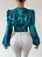 Women's Floral Printed Ruffle Trim Blouse shein