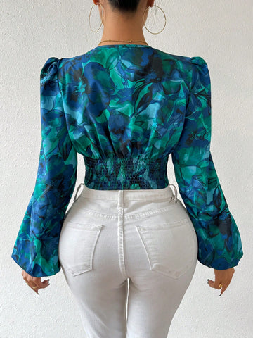 Women's Floral Printed Ruffle Trim Blouse