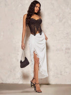 BAE Romantic Valentine's Day Date Satin & Lace Contrast Asymmetrical Hem Women Midi Skirt Shein