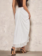 BAE Romantic Valentine's Day Date Satin & Lace Contrast Asymmetrical Hem Women Midi Skirt Shein