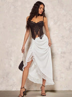 BAE Romantic Valentine's Day Date Satin & Lace Contrast Asymmetrical Hem Women Midi Skirt Shein