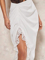 BAE Romantic Valentine's Day Date Satin & Lace Contrast Asymmetrical Hem Women Midi Skirt Shein
