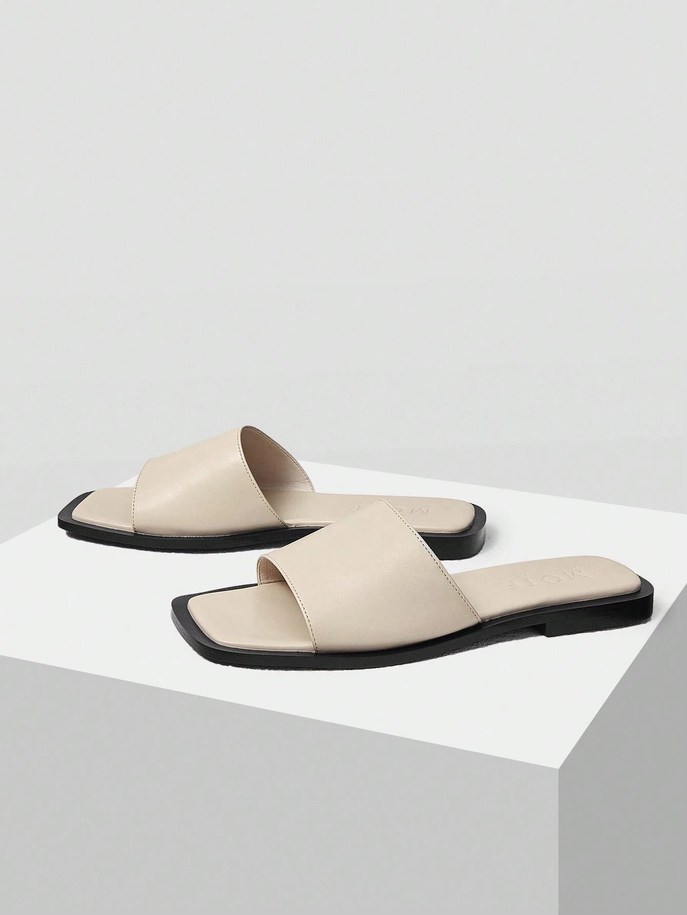MOTF PREMIUM SQUARE TOE MINIMALIST TWO TONE MULE FLAT SANDALS shein