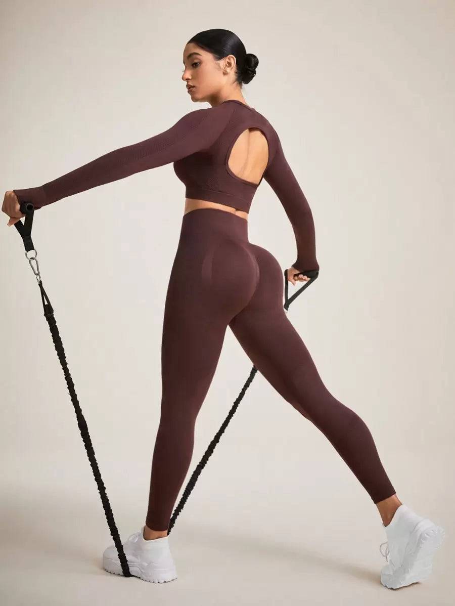 Sport Studio Women Solid Color Open Back Seamless Sports Set