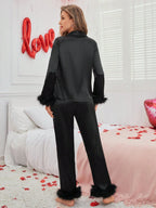 Monochrome Pajamas Set With Plush Edge shein