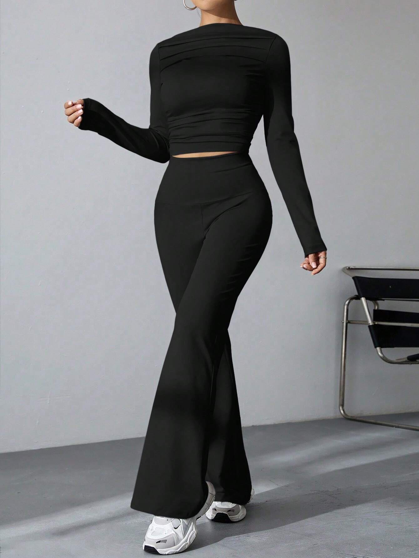 EZwear Women's Pleated Slim Fit Top And Flared Pants Two Piece Set shein