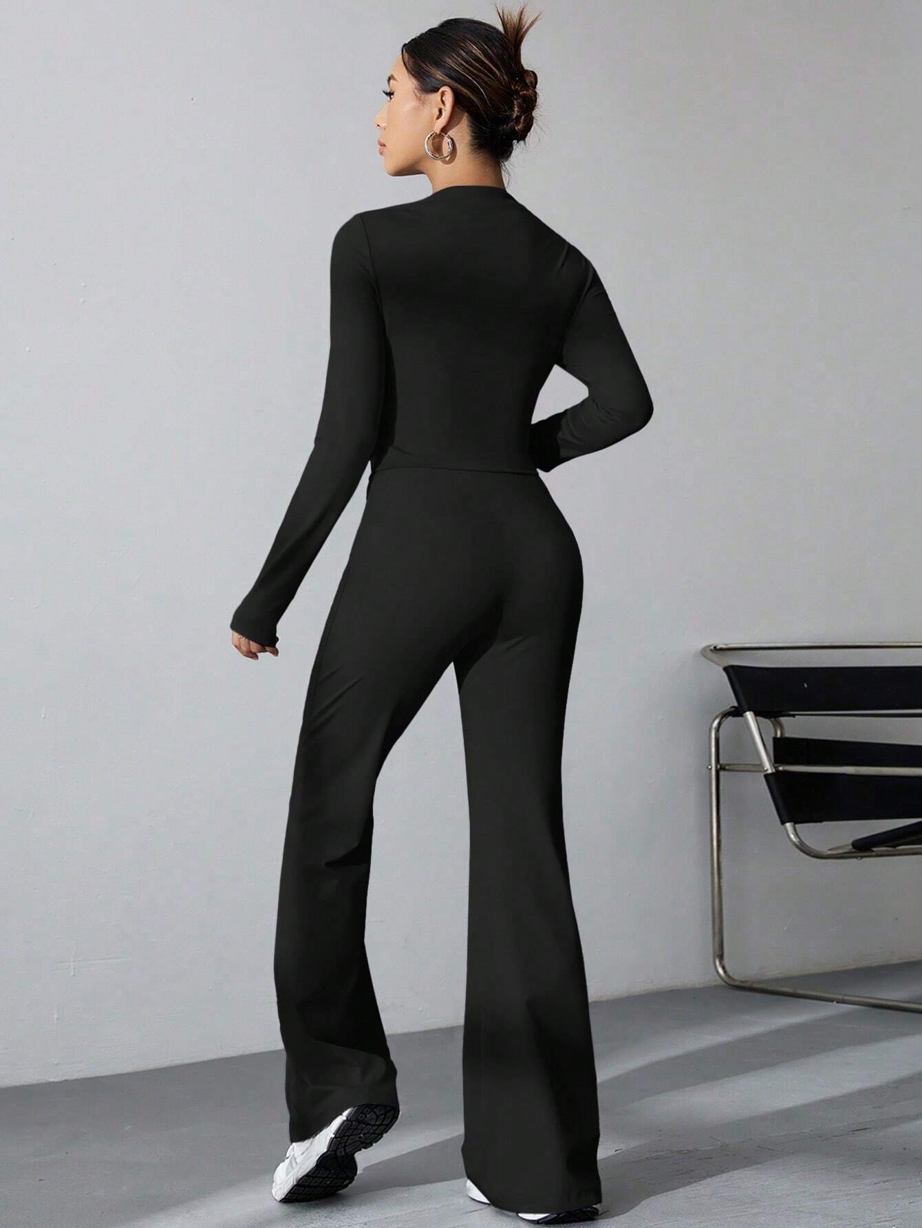 EZwear Women's Pleated Slim Fit Top And Flared Pants Two Piece Set shein