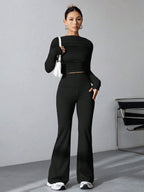 EZwear Women's Pleated Slim Fit Top And Flared Pants Two Piece Set shein