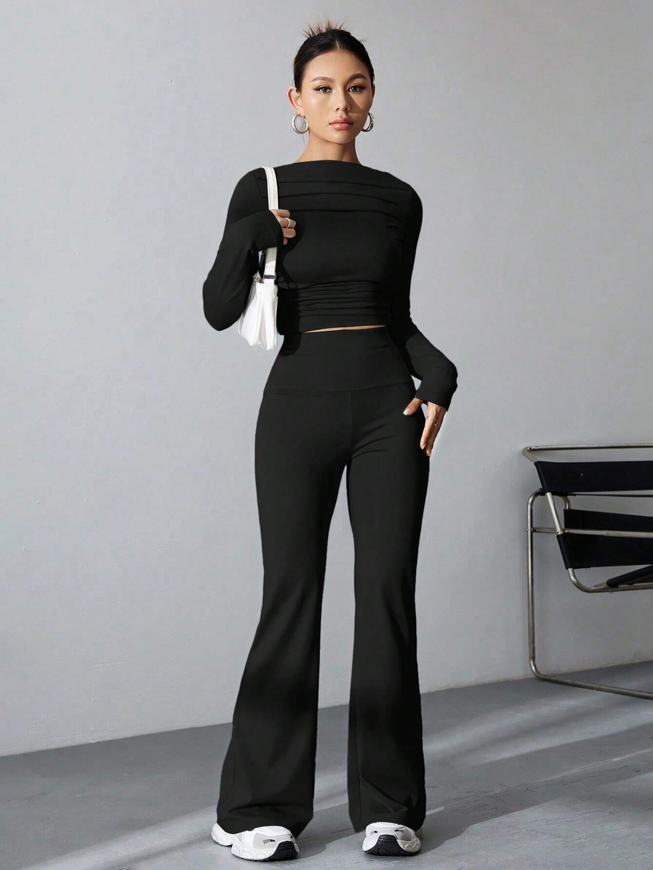 EZwear Women's Pleated Slim Fit Top And Flared Pants Two Piece Set shein